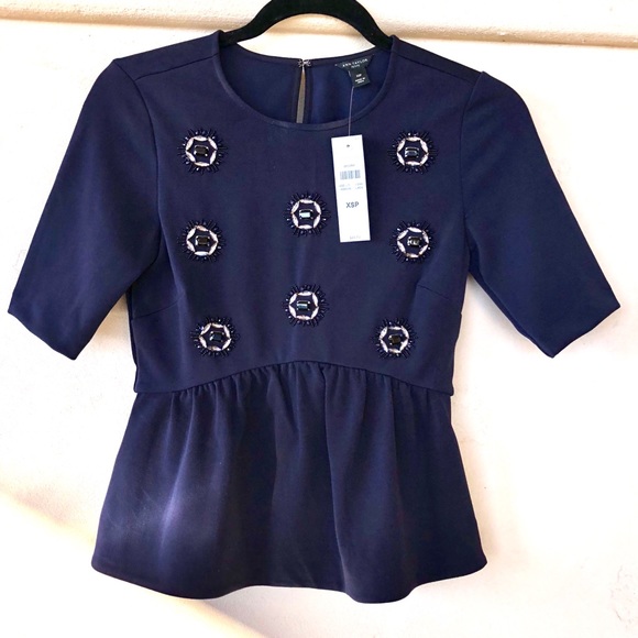 Ann Taylor Tops - Ann Taylor • Petite Embellished Peplum Top Navy